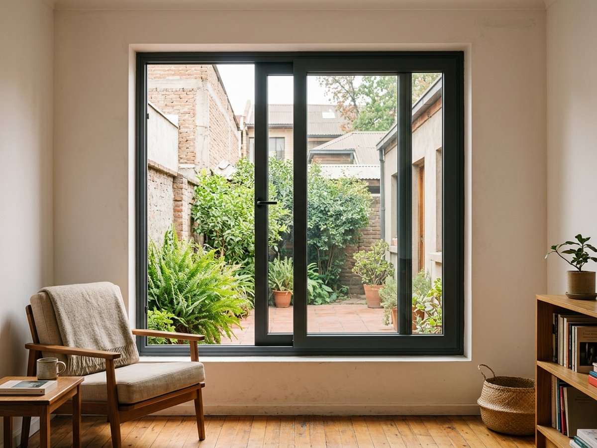 Ventana corredera de PVC color antracita en sala de estar