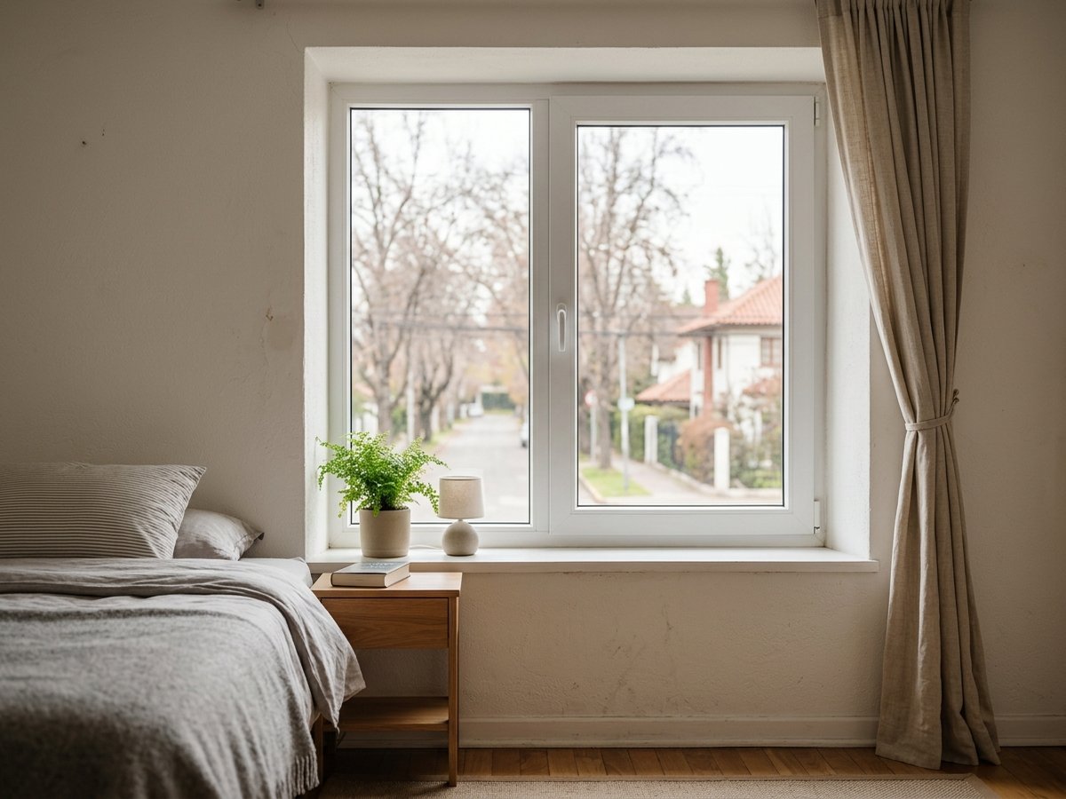 Ventana practicable de PVC blanca en dormitorio